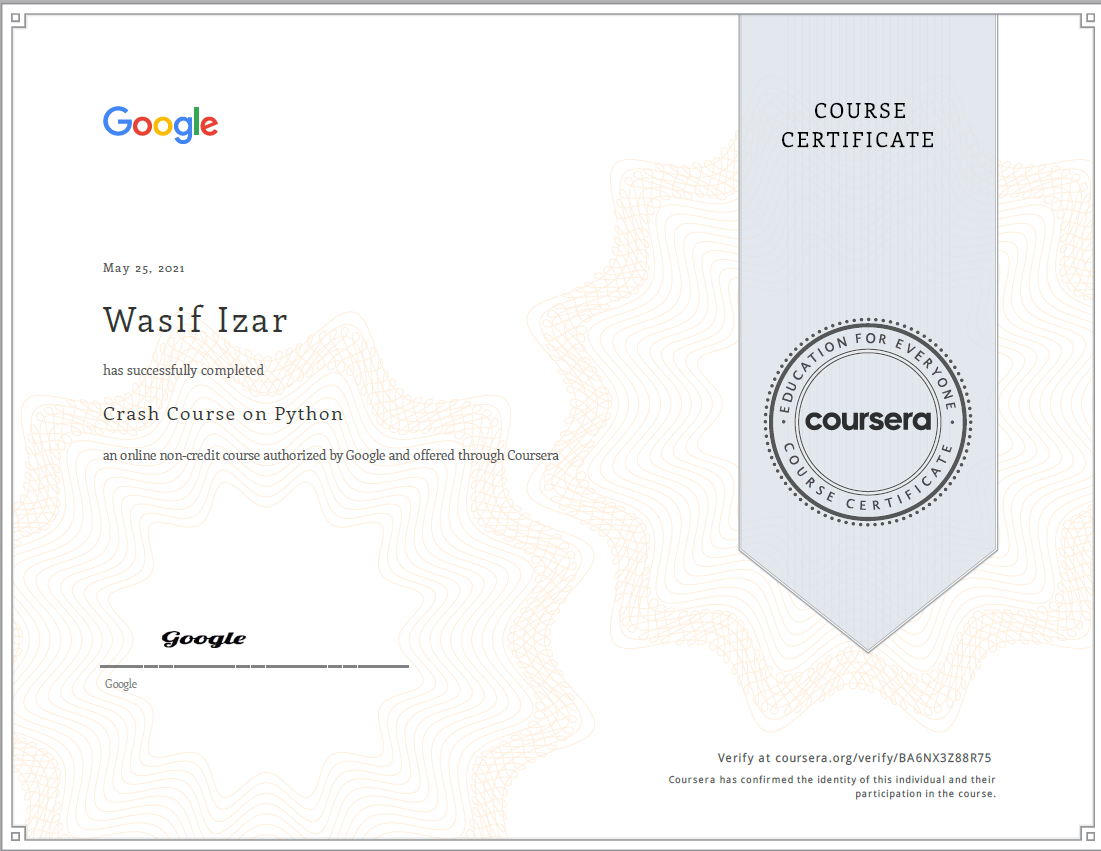 Certification on Crash Course on Python